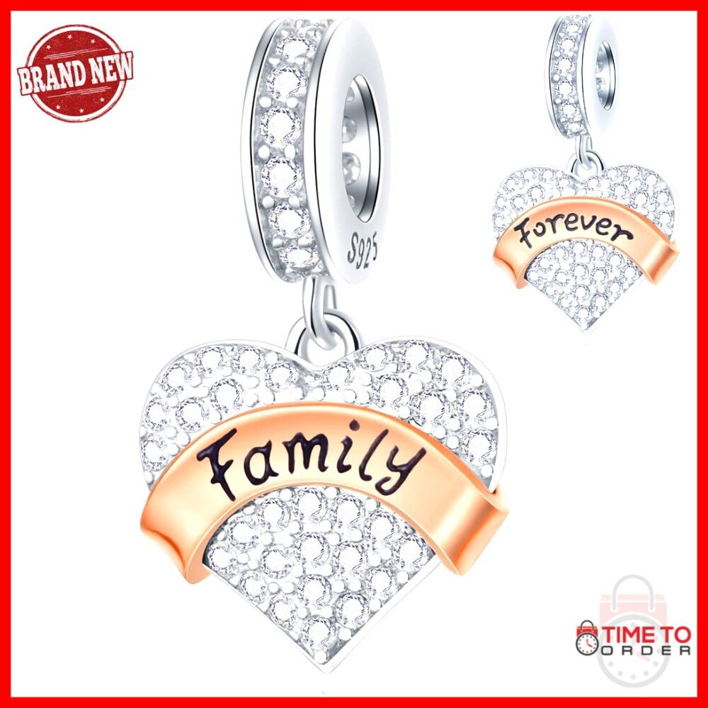 925 Sterling Silver Family Charm with Zircon, Fits European Bracelets